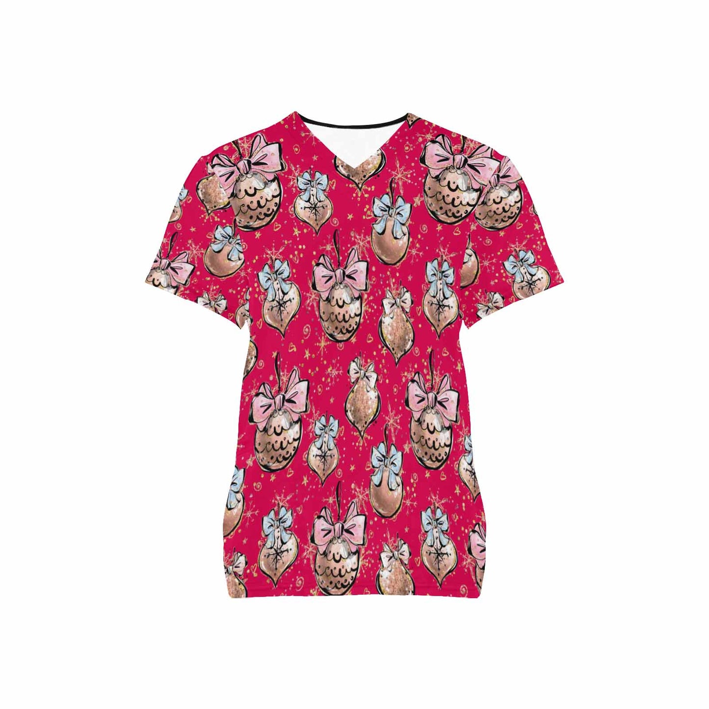 Red Christmas Baubles  Women's V Neck Scrub Top Nurse Uniform with Deep Front Pockets