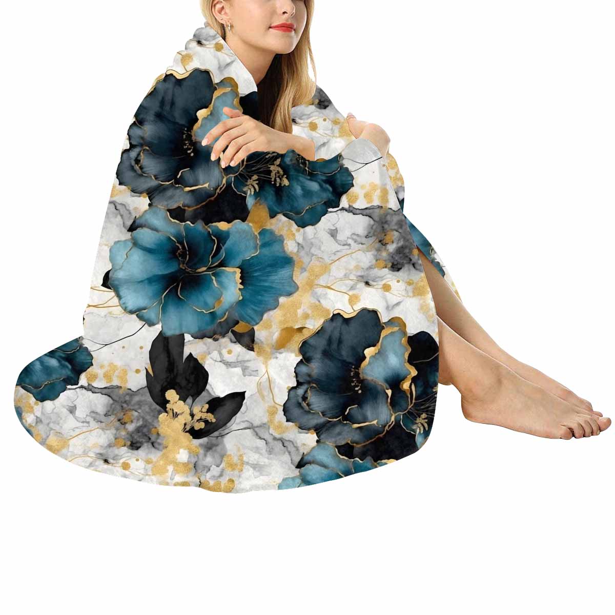 Blue & Gold Ink Floral  Circular Micro Fleece Blanket 47"