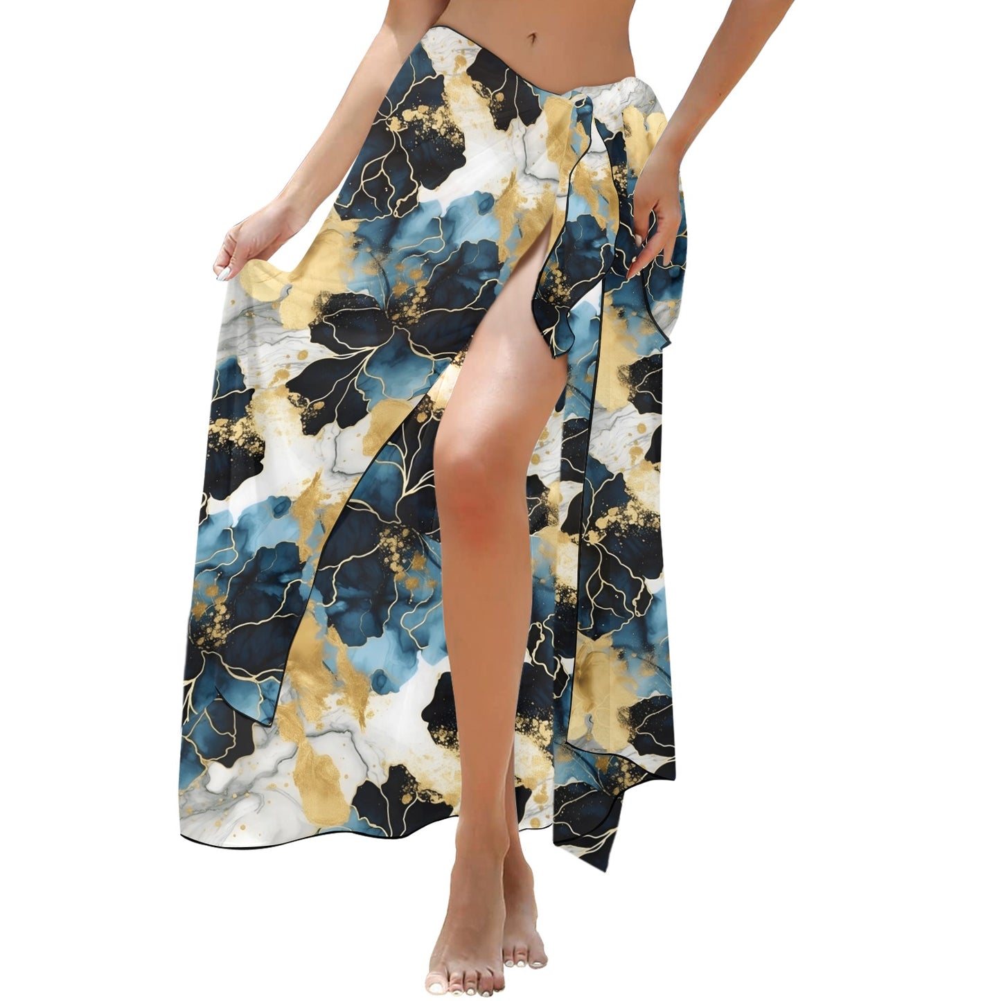 Blue Ink Floral Long Beach Sarong Wrap