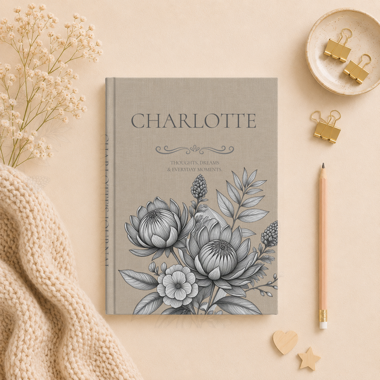 Personalized Linen-look Journal | Custom Hardcover Notebook | Australian Botanical Journal | Elegant Name Notebook