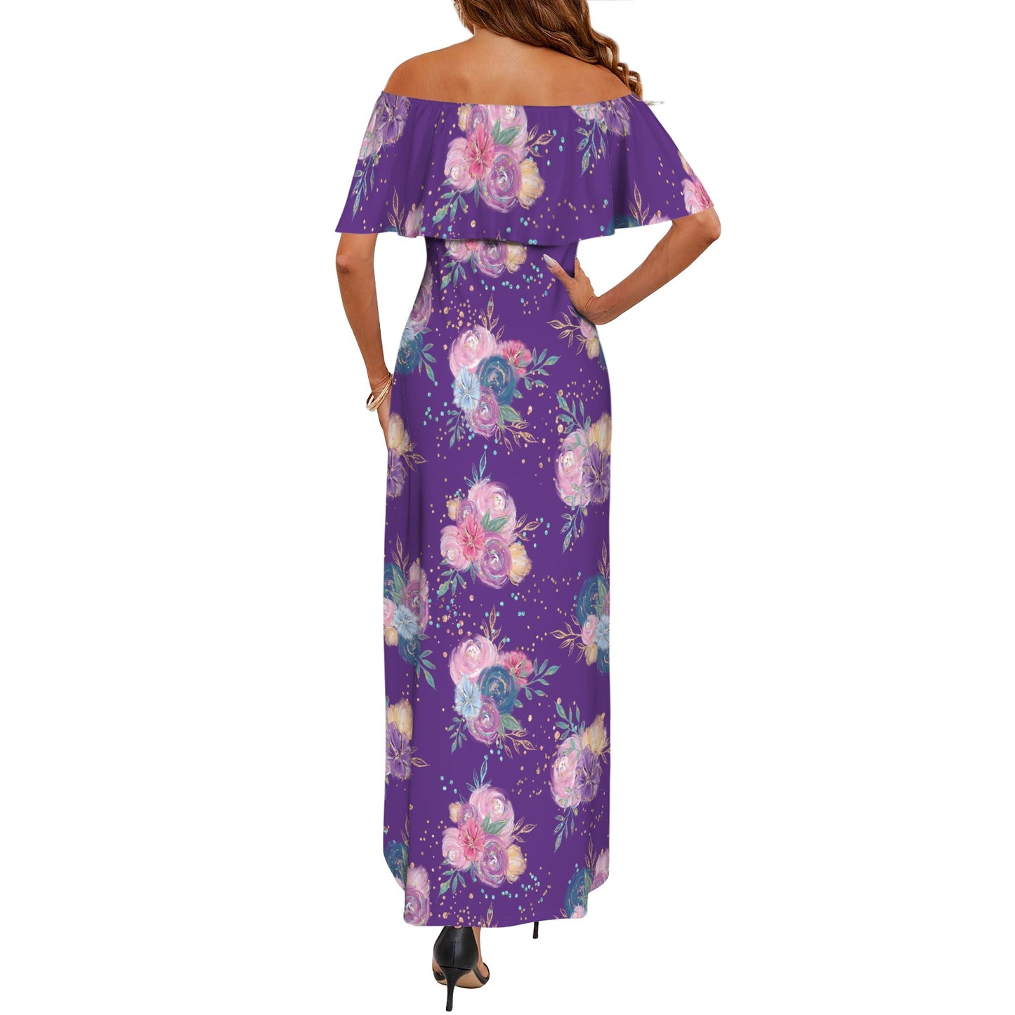 Purple Floral Women's Off Shoulder Ruffle Boat Neck Dress (Model D71)