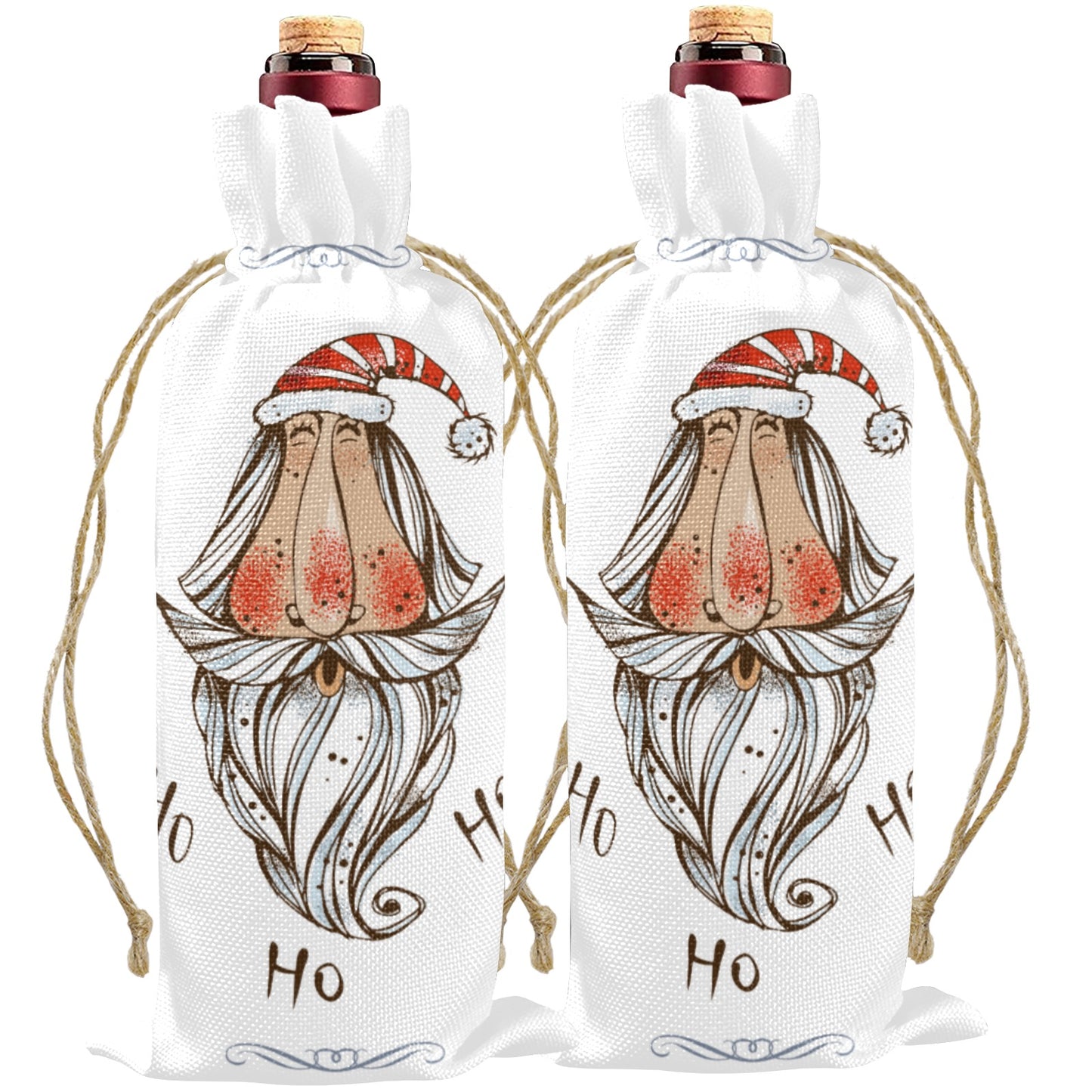 Whimsical Santa Linen Wine Bottle Bag