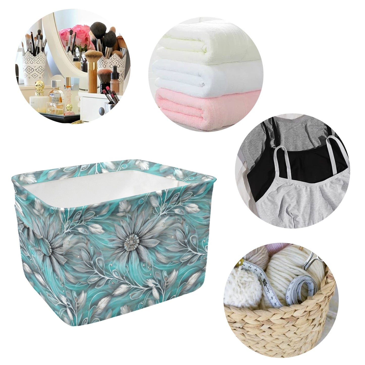 Green Elegant Floral Fabric Storage Basket