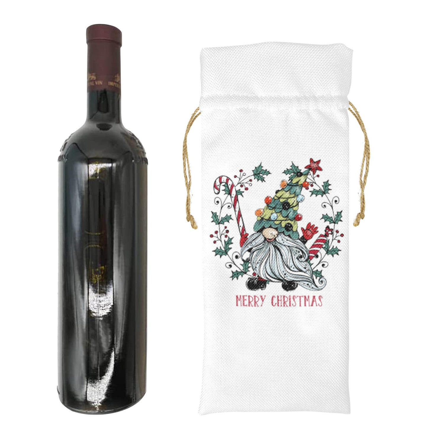 Merry Christmas Whimsical Santa Linen Wine Bottle Bag