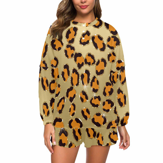 Animal Print 10  Women's Long Sleeve Pajama Set with Shorts