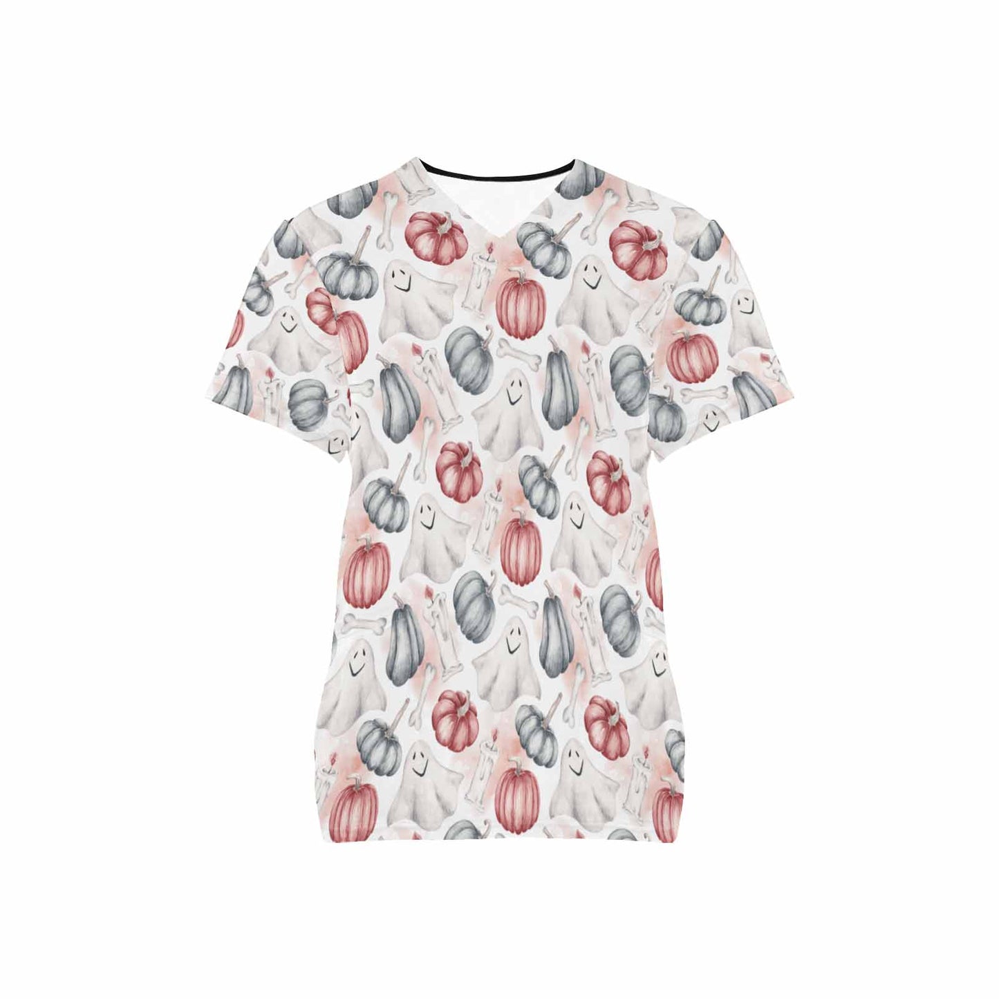 Watercolour Halloween Ghosts  Women's V Neck Scrub Top Nurse Uniform with Deep Front Pockets