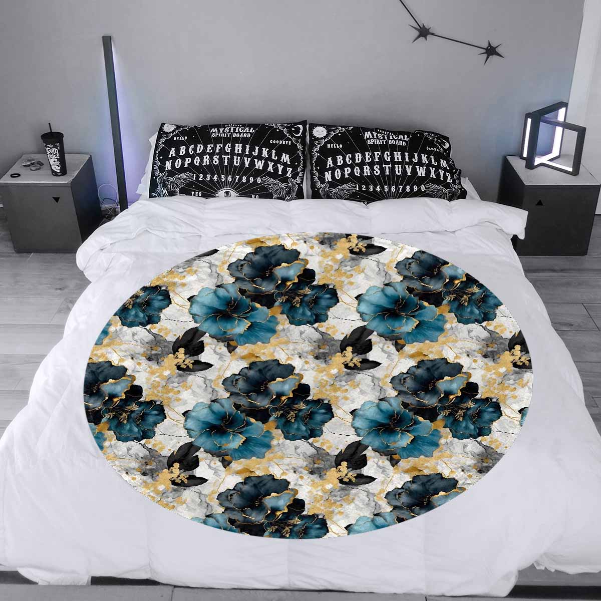 Blue & Gold Ink Floral  Circular Micro Fleece Blanket 47"