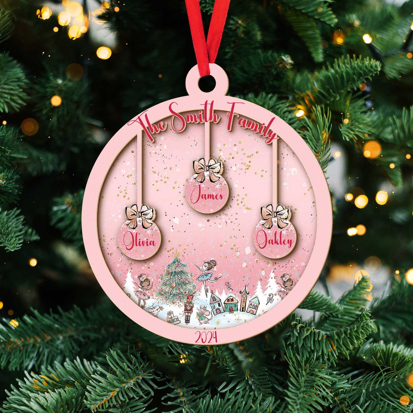 Layered Wooden Personalised Pink Christmas Bauble Ornament