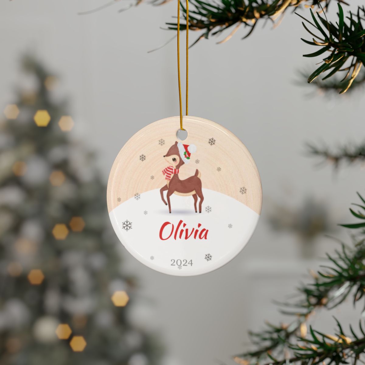 Personalized Deer Ornament, Custom Ceramic Christmas Decoration, Baby's First Christmas Keepsake, Holiday Tree Hanging