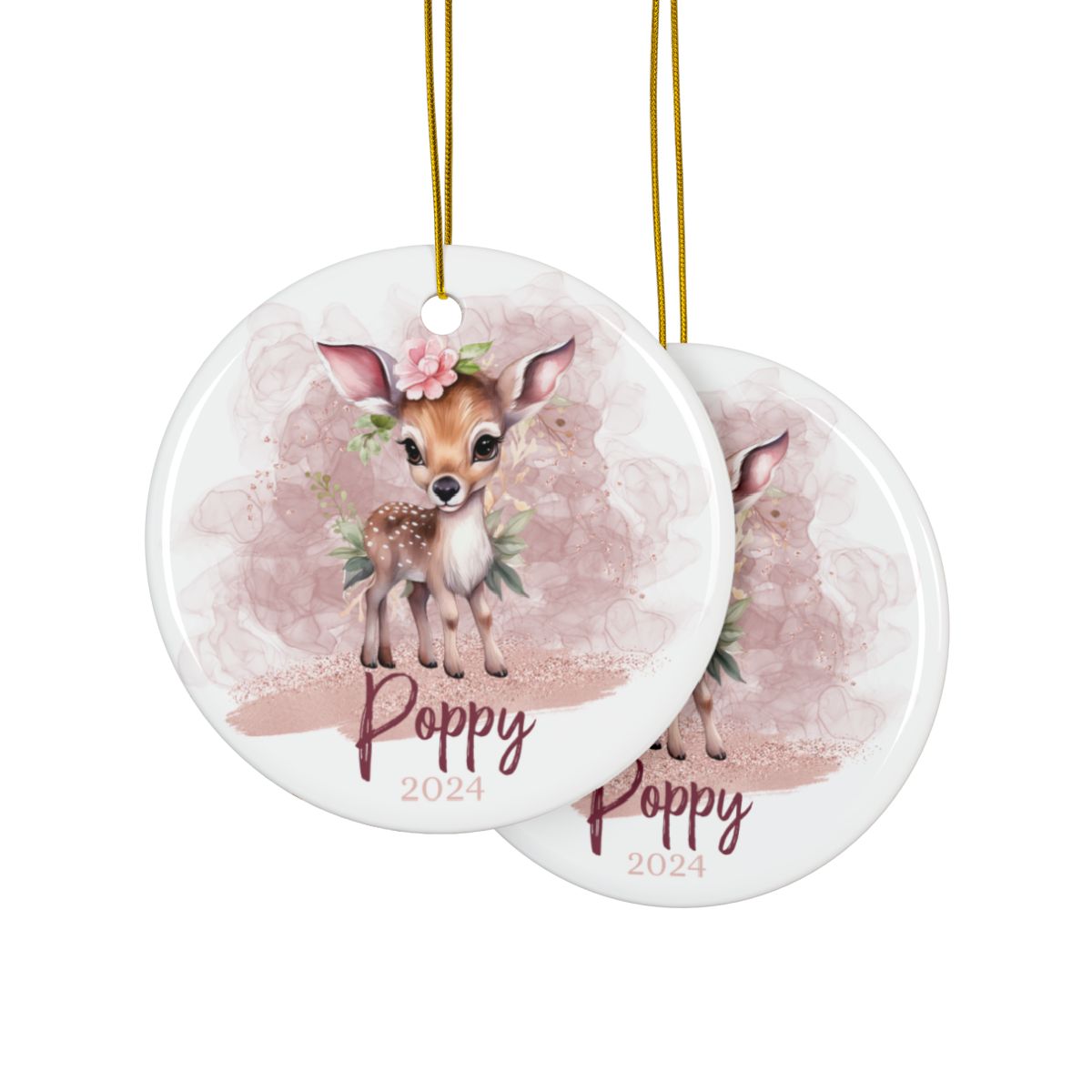 Pink Christmas Deer Personalised Ceramic Ornaments