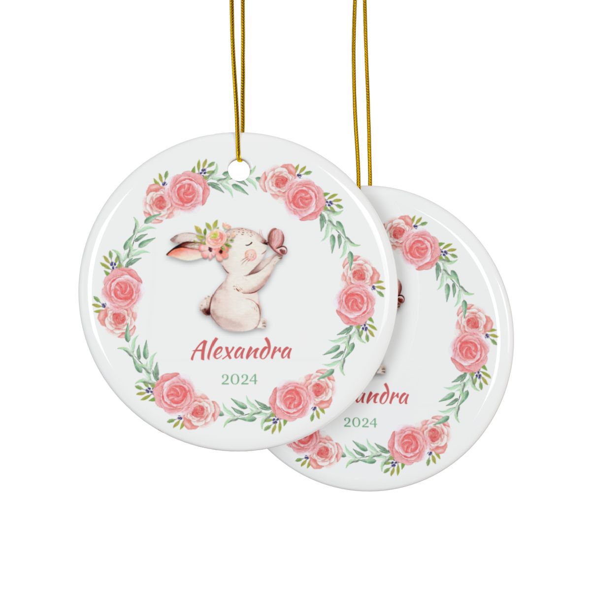 Personalized Ceramic Ornament, Rabbit Rose Wreath Ornament, Baby's First Christmas Gift, Nursery Decor Keepsake