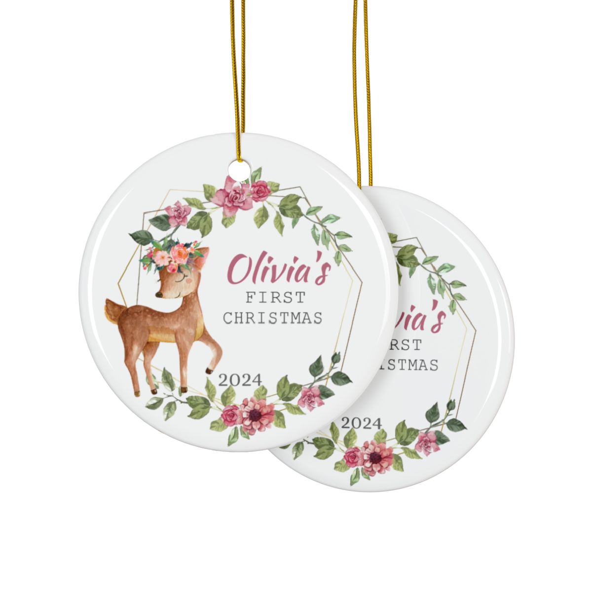 Cute Deer Personalised First Christmas Ceramic Ornament