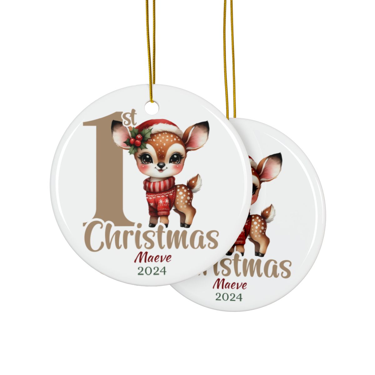 Personalized Baby's First Christmas Ornament, Fawn Design, Custom Ceramic Keepsake, Holiday Tree Decoration, Gift for New Parents