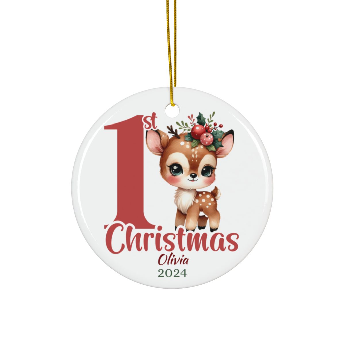 Personalized Baby's First Christmas Ornament, Fawn Design, Custom Ceramic Keepsake, Holiday Tree Decoration, Gift for New Parents