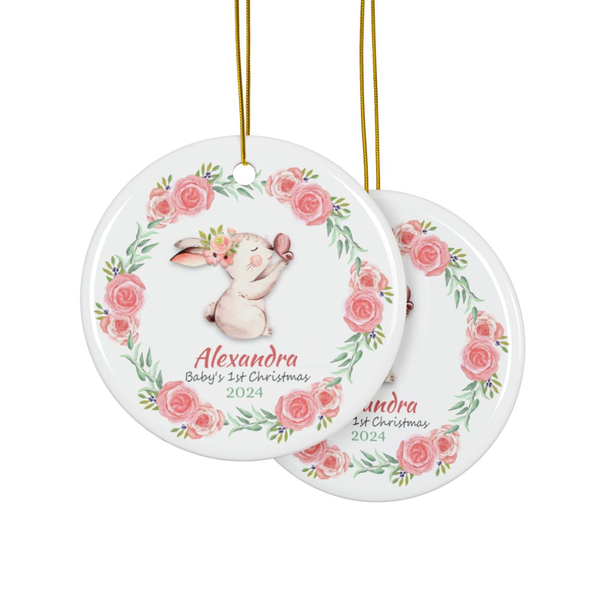 Personalized Ceramic Ornament, Rabbit Rose Wreath Ornament, Baby's First Christmas Gift, Nursery Decor Keepsake