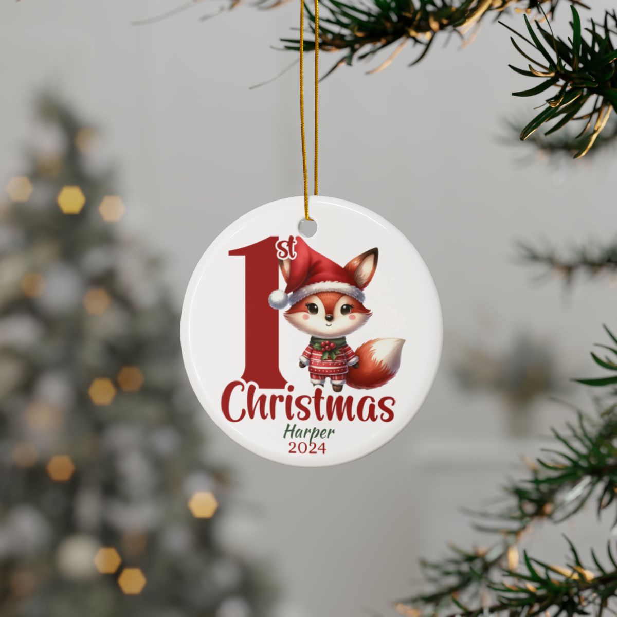 First Christmas Ornament, Personalized Baby Ornament, Holiday Fox Decor, Custom Ceramic Keepsake, New Baby Christmas Gift