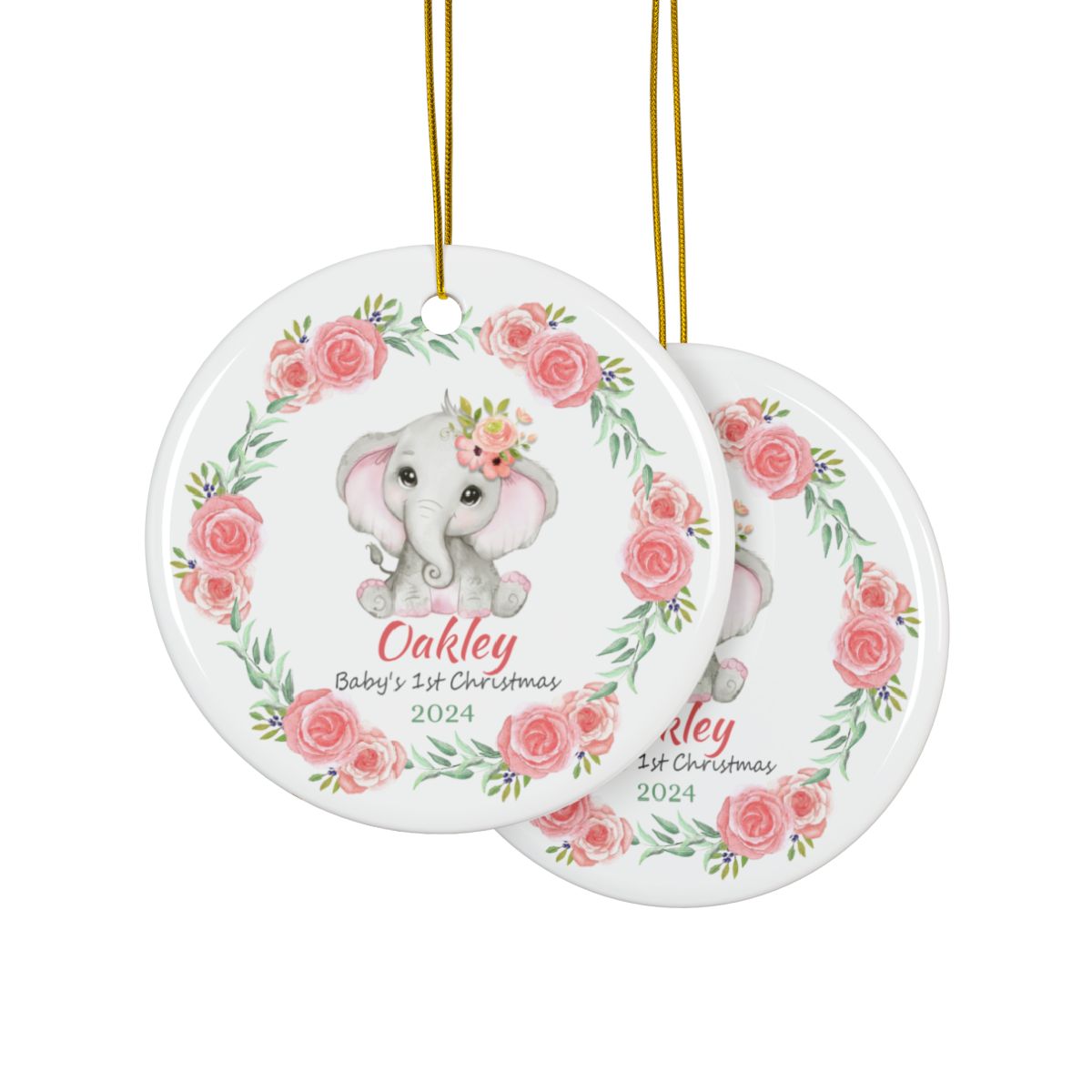 Baby Elephant and Pink Roses Wreath Personalised Ceramic Ornaments