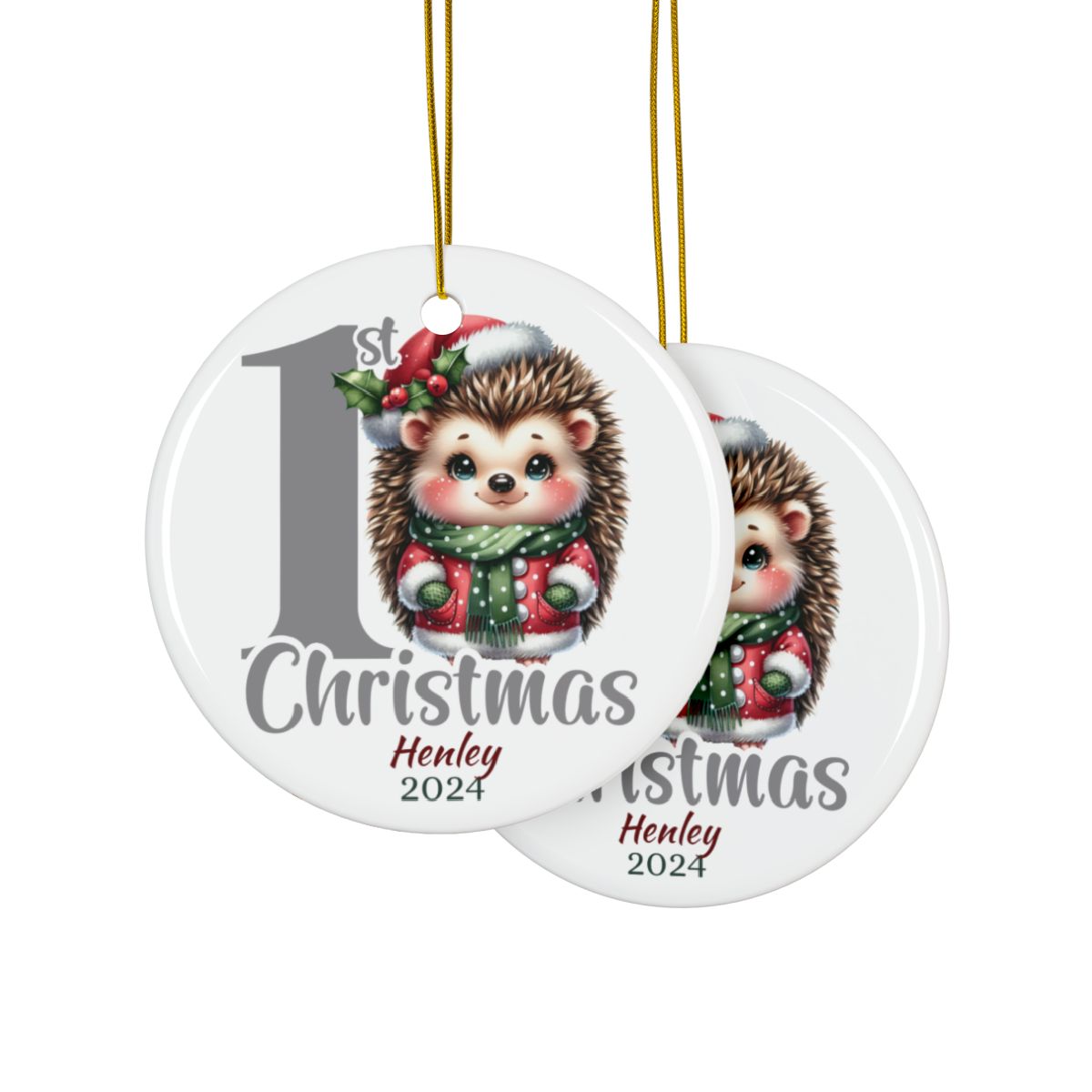 Personalized First Christmas Hedgehog Ornament, Ceramic Holiday Decoration, Baby's 1st Christmas Gift, Cute Holiday Keepsake