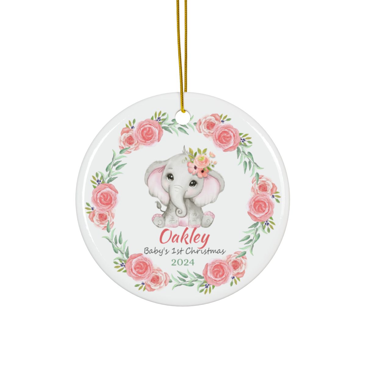 Baby Elephant and Pink Roses Wreath Personalised Ceramic Ornaments