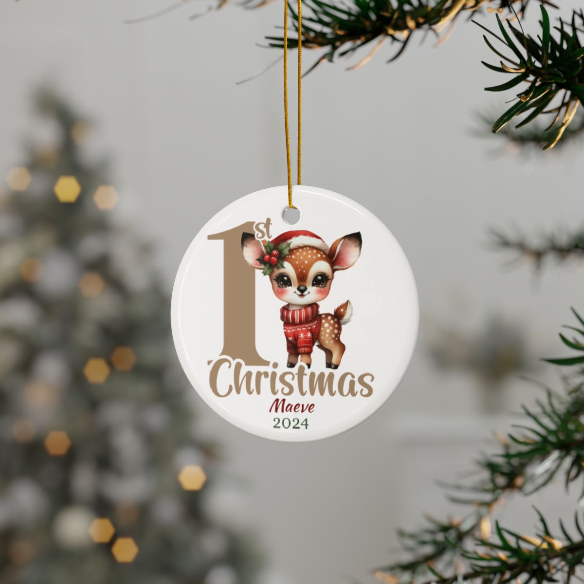 Personalized Baby's First Christmas Ornament, Fawn Design, Custom Ceramic Keepsake, Holiday Tree Decoration, Gift for New Parents