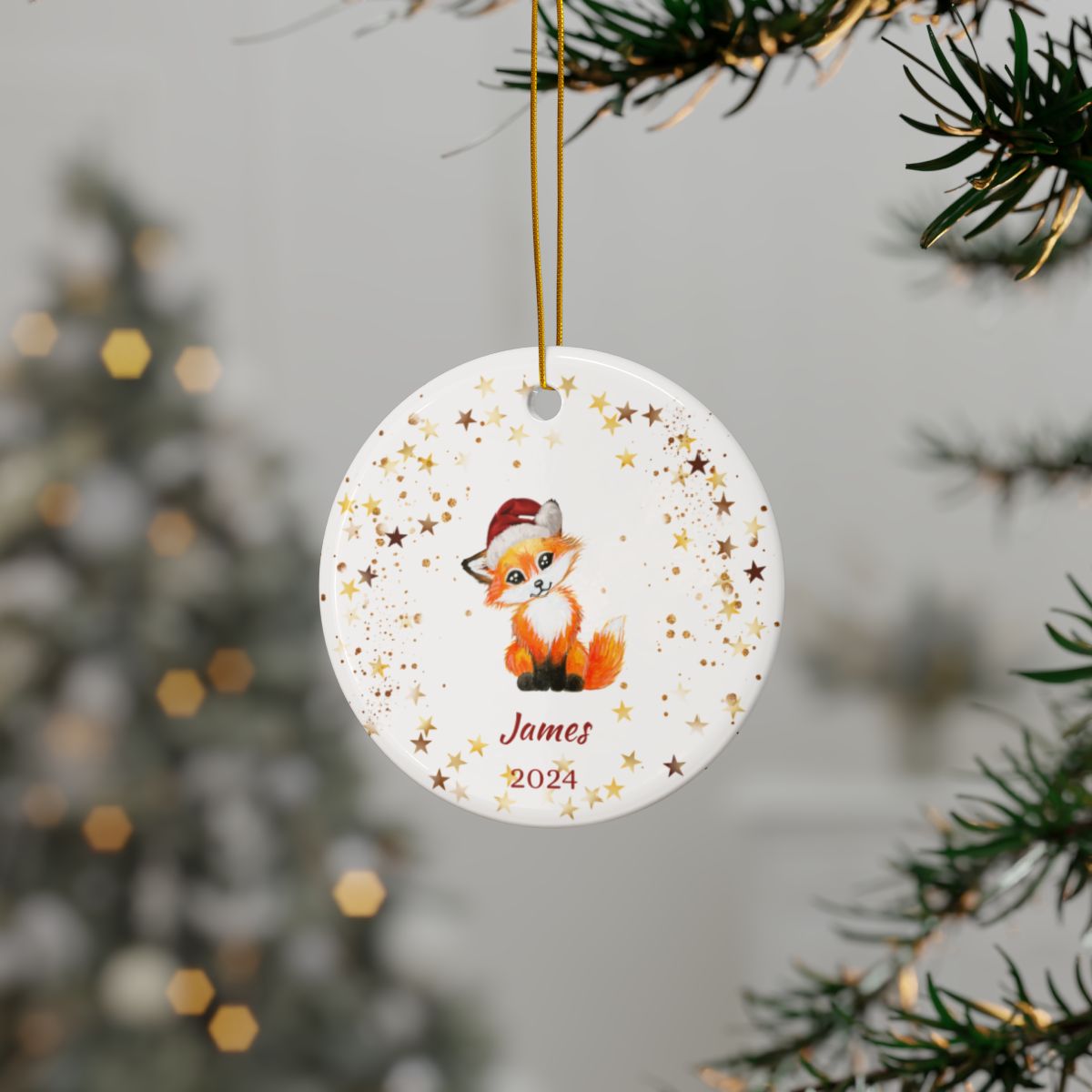 Fox Ornament Ceramic Holiday Decor, Personalized Fox Ornament, Custom Name Ornament, Holiday Tree Decoration, Cute Fox Christmas Gift