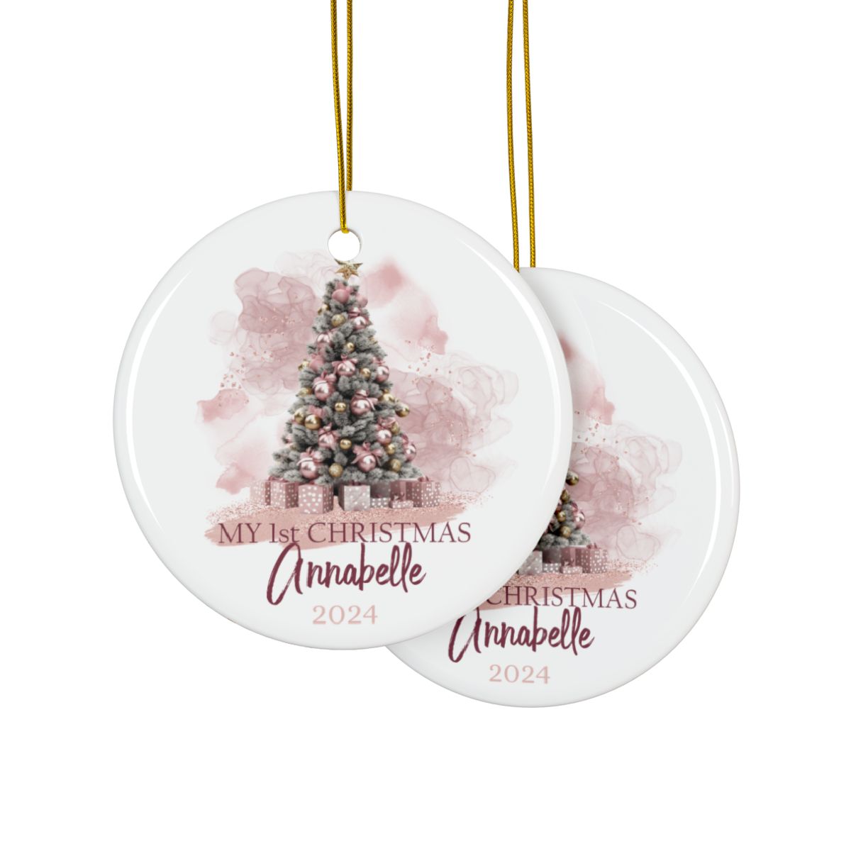 Pink Christmas Tree Personalised Ceramic Ornament First Christmas