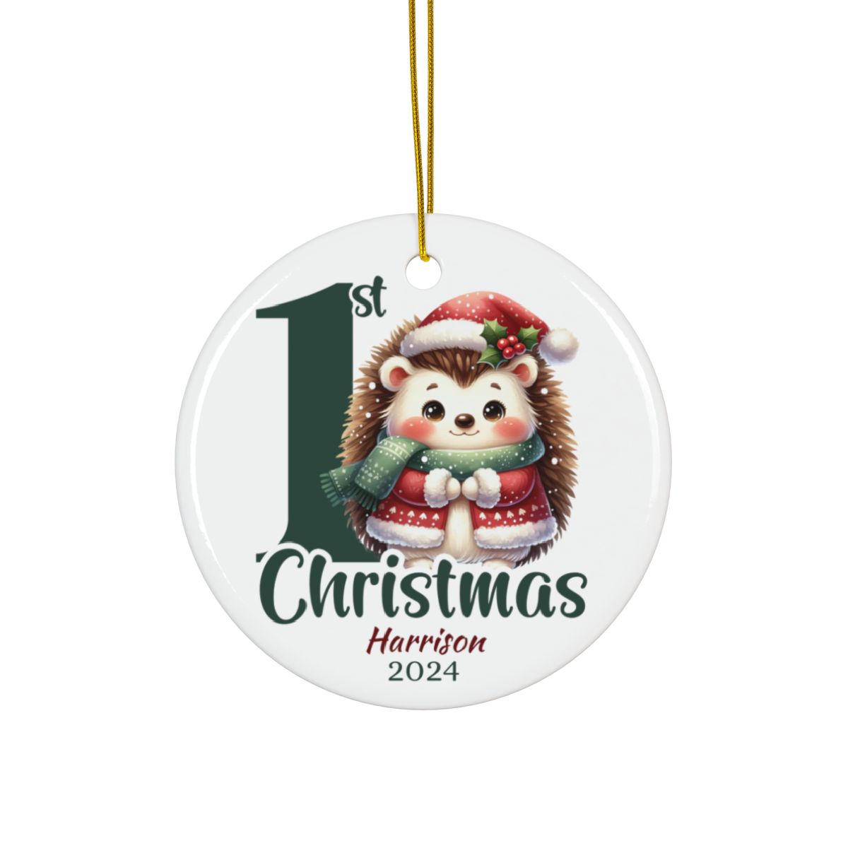 Personalized First Christmas Hedgehog Ornament, Ceramic Holiday Decoration, Baby's 1st Christmas Gift, Cute Holiday Keepsake