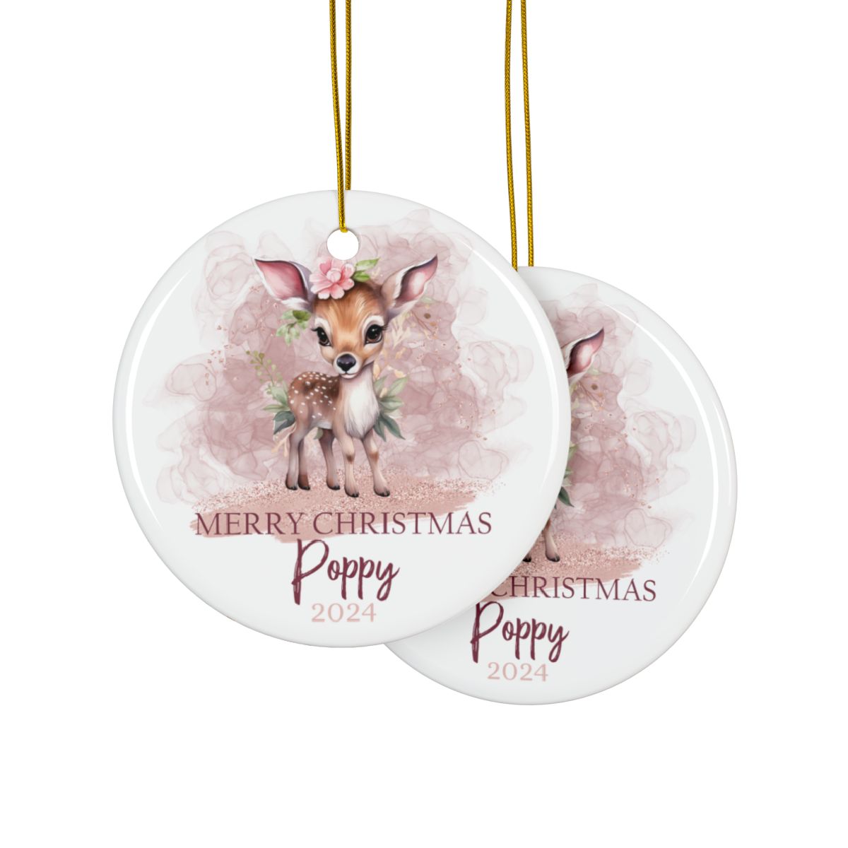 Pink Christmas Deer Personalised Ceramic Ornaments