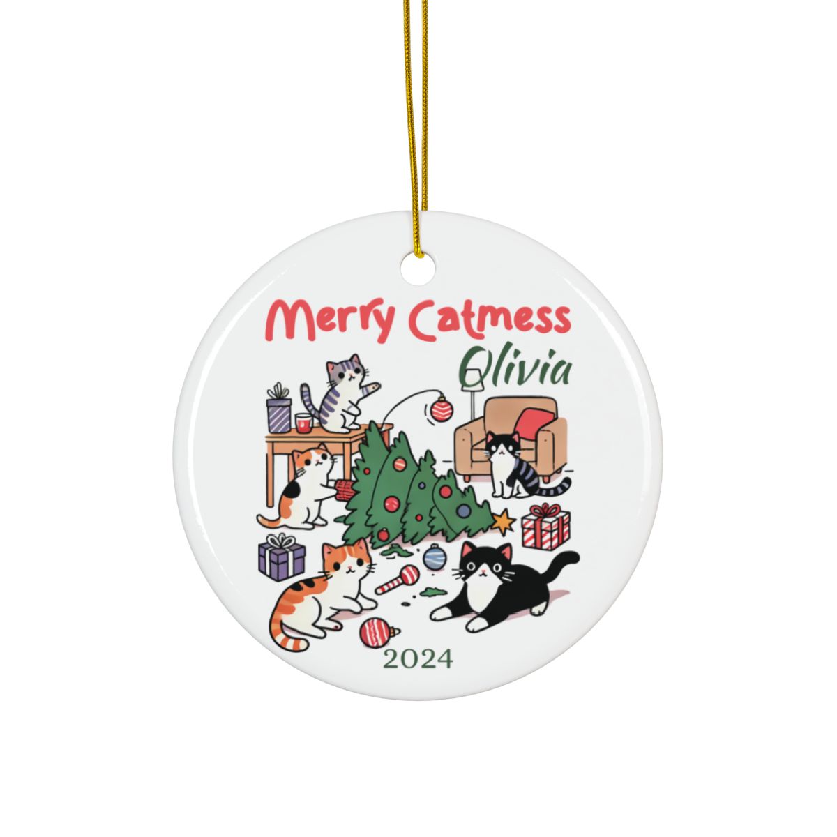 Custom Cat Christmas Ornament, Personalized Pet Decoration, Ceramic Round Ornament, Holiday Tree Decor, Customizable Cat Gift