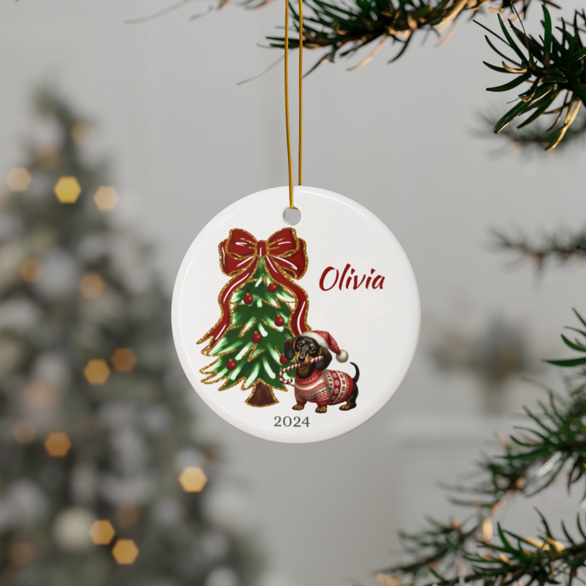 Personalized Christmas Ornament, Dachshund Lovers Gift, Holiday Tree Decoration, Ceramic Keepsake, Custom Dog Ornament, Festive Home Decor