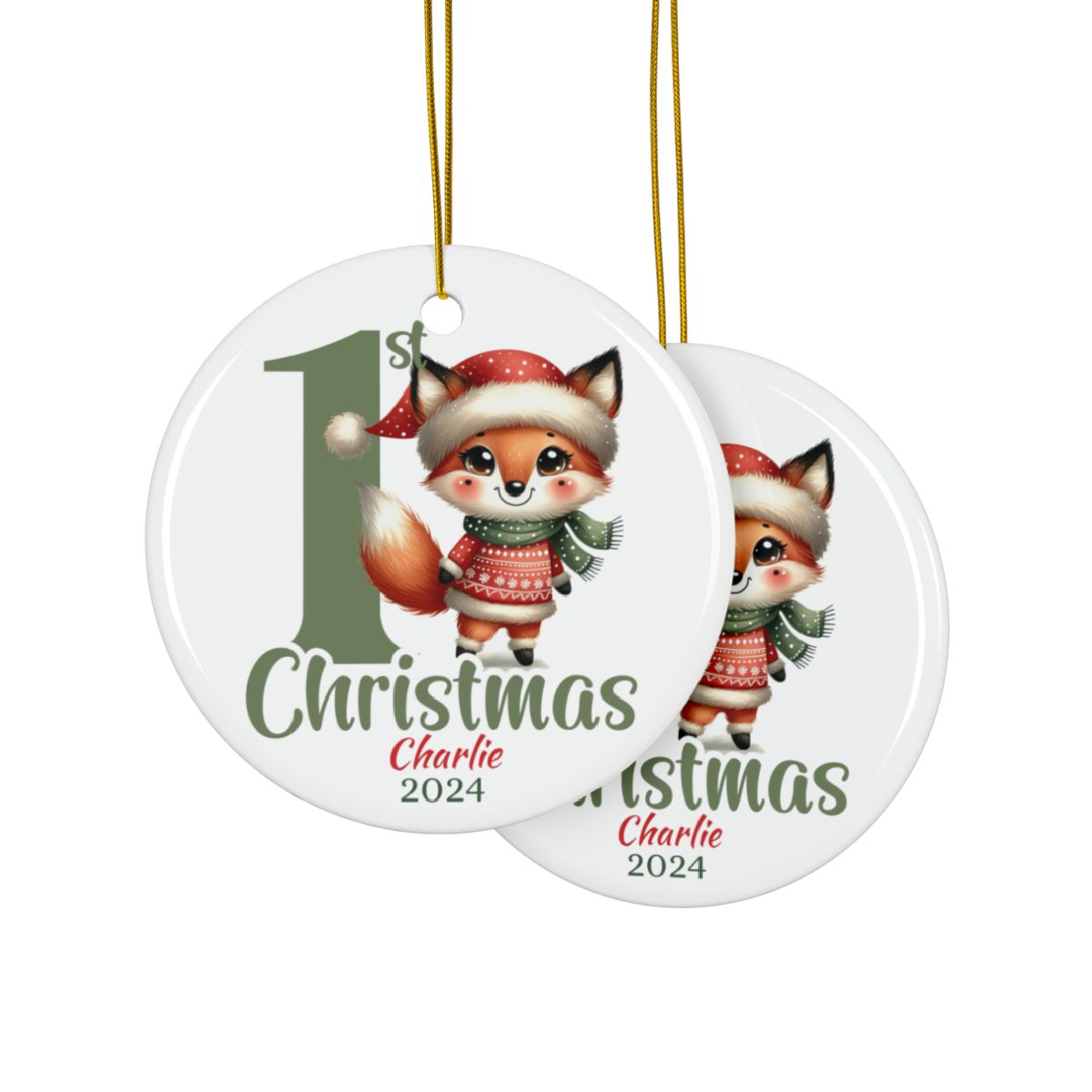 First Christmas Ornament, Personalized Baby Ornament, Holiday Fox Decor, Custom Ceramic Keepsake, New Baby Christmas Gift