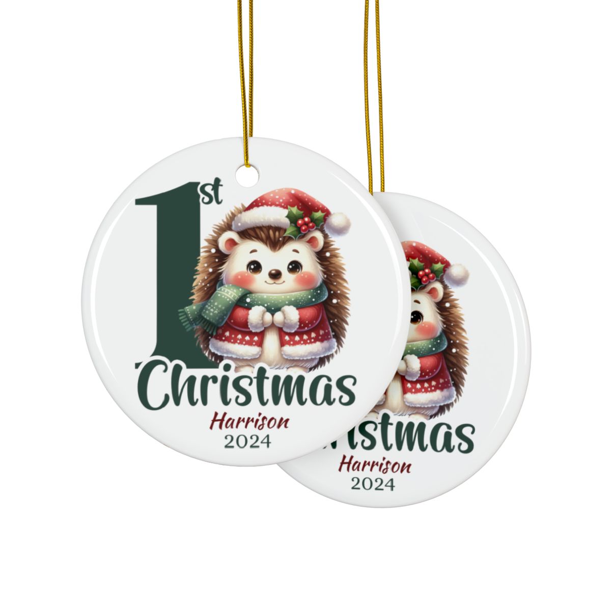 Personalized First Christmas Hedgehog Ornament, Ceramic Holiday Decoration, Baby's 1st Christmas Gift, Cute Holiday Keepsake