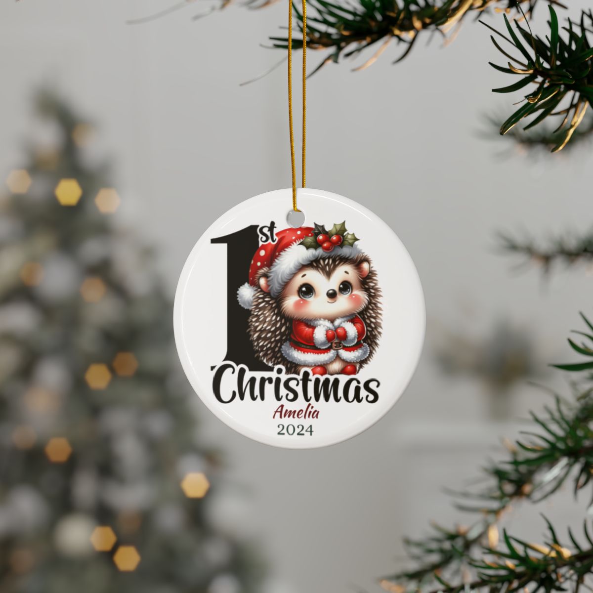 Personalized First Christmas Hedgehog Ornament, Ceramic Holiday Decoration, Baby's 1st Christmas Gift, Cute Holiday Keepsake