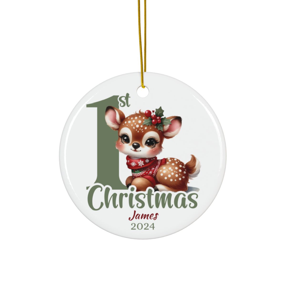 Personalized Baby's First Christmas Ornament, Fawn Design, Custom Ceramic Keepsake, Holiday Tree Decoration, Gift for New Parents