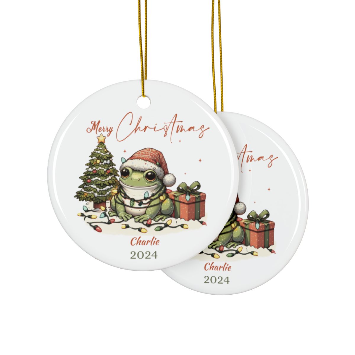 Christmas Frog Ornament, Personalized Christmas Decoration, Holiday Tree Gift, Ceramic Keepsake, Custom Name Ornament, Xmas Decor