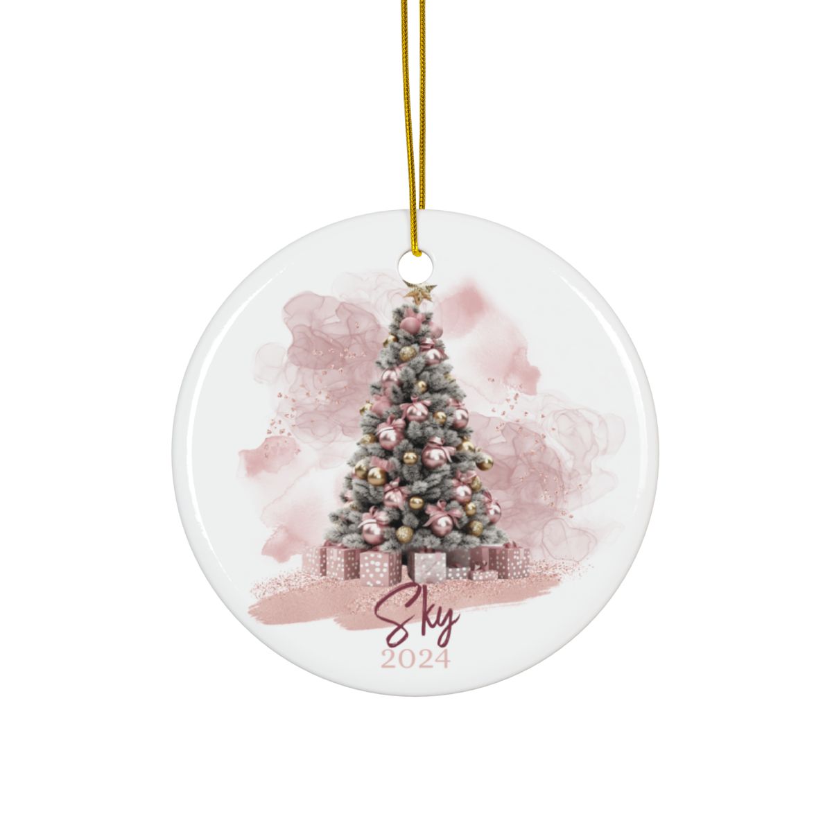 Pink Christmas Tree Personalised Ceramic Ornament Name and Year
