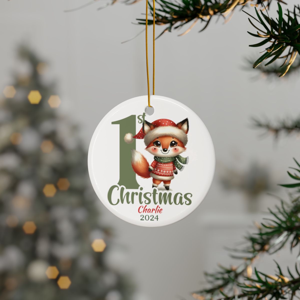 First Christmas Ornament, Personalized Baby Ornament, Holiday Fox Decor, Custom Ceramic Keepsake, New Baby Christmas Gift