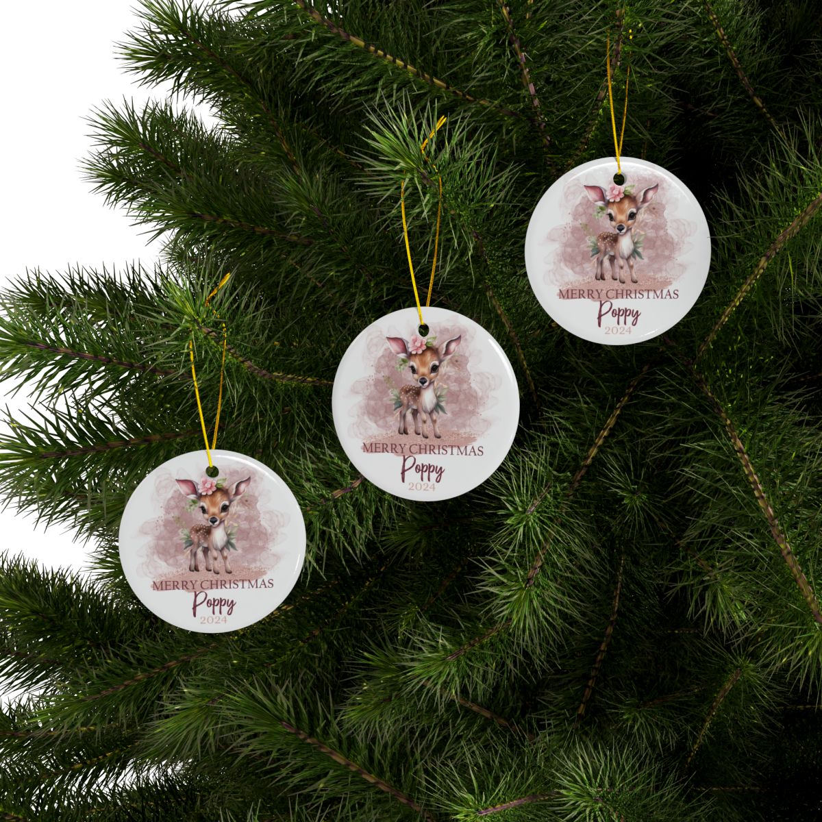 Pink Christmas Deer Personalised Ceramic Ornaments