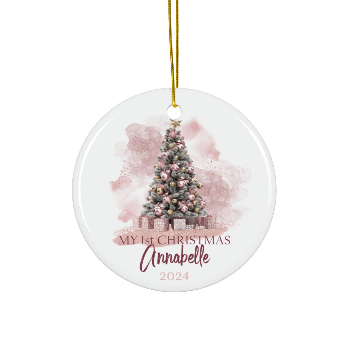 Pink Christmas Tree Personalised Ceramic Ornament First Christmas