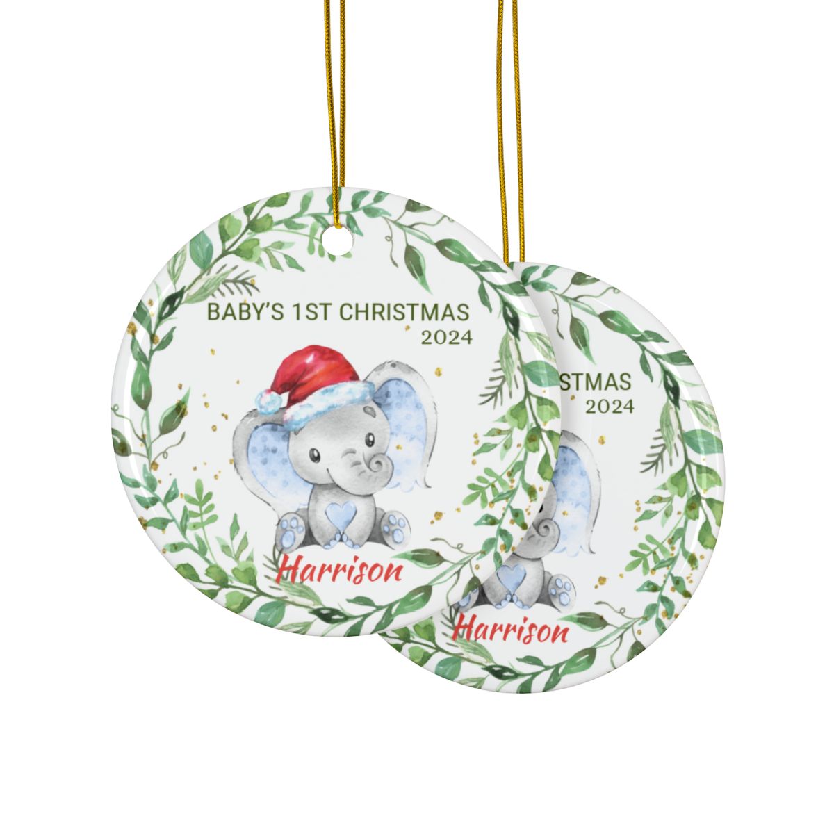 Baby Elephant Greenery Wreath Personalised Ceramic Ornaments First Christmas