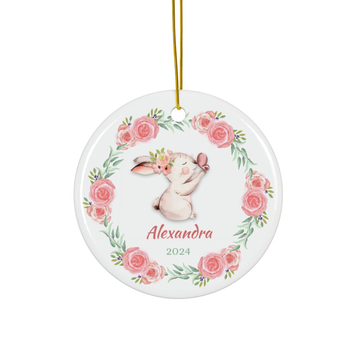 Personalized Ceramic Ornament, Rabbit Rose Wreath Ornament, Baby's First Christmas Gift, Nursery Decor Keepsake