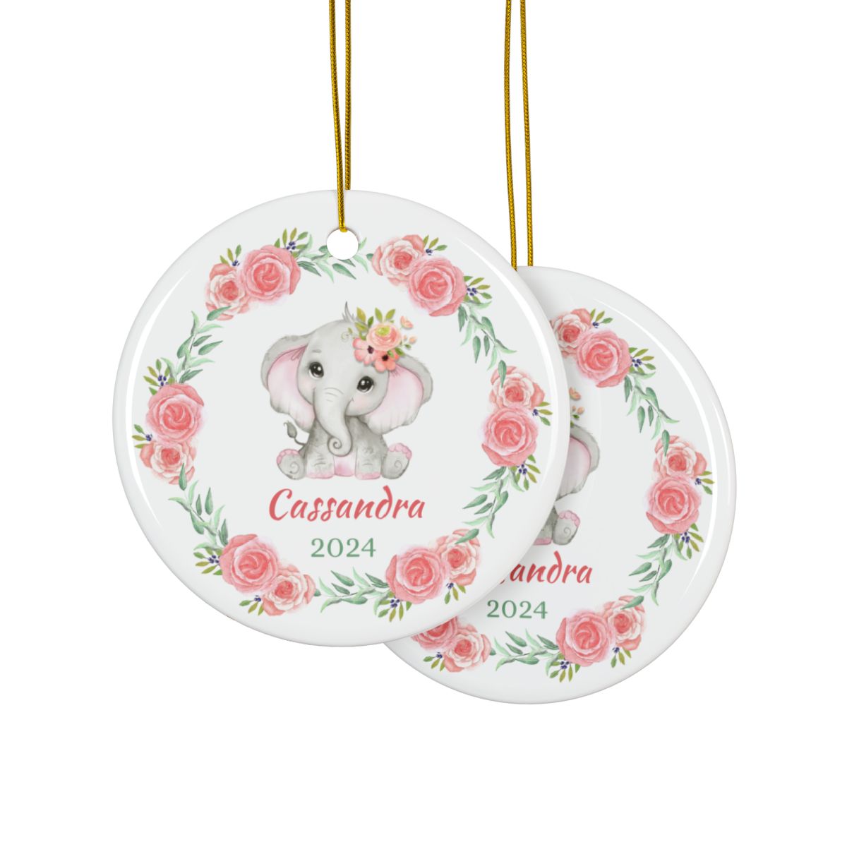 Baby Elephant and Pink Roses Wreath Personalised Ceramic Ornaments