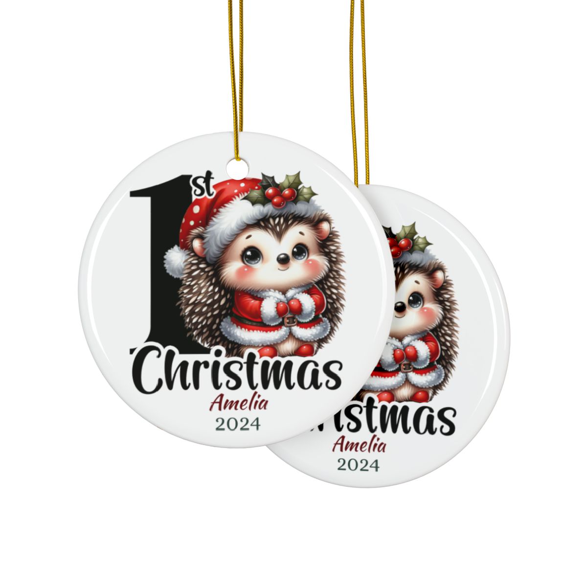 Personalized First Christmas Hedgehog Ornament, Ceramic Holiday Decoration, Baby's 1st Christmas Gift, Cute Holiday Keepsake
