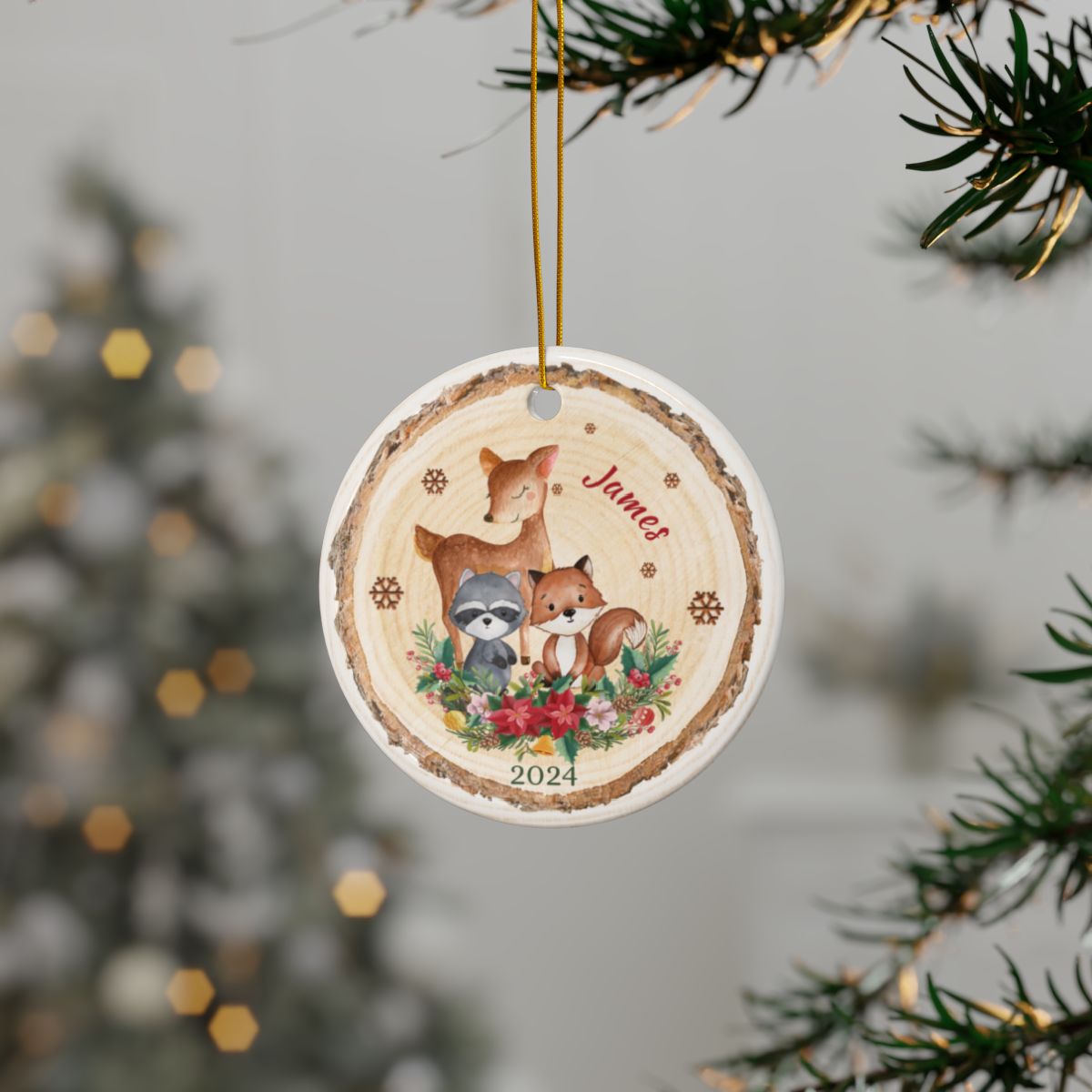 Personalized Woodland Animal Ornaments, Custom Ceramic Decoration, Holiday Gift
