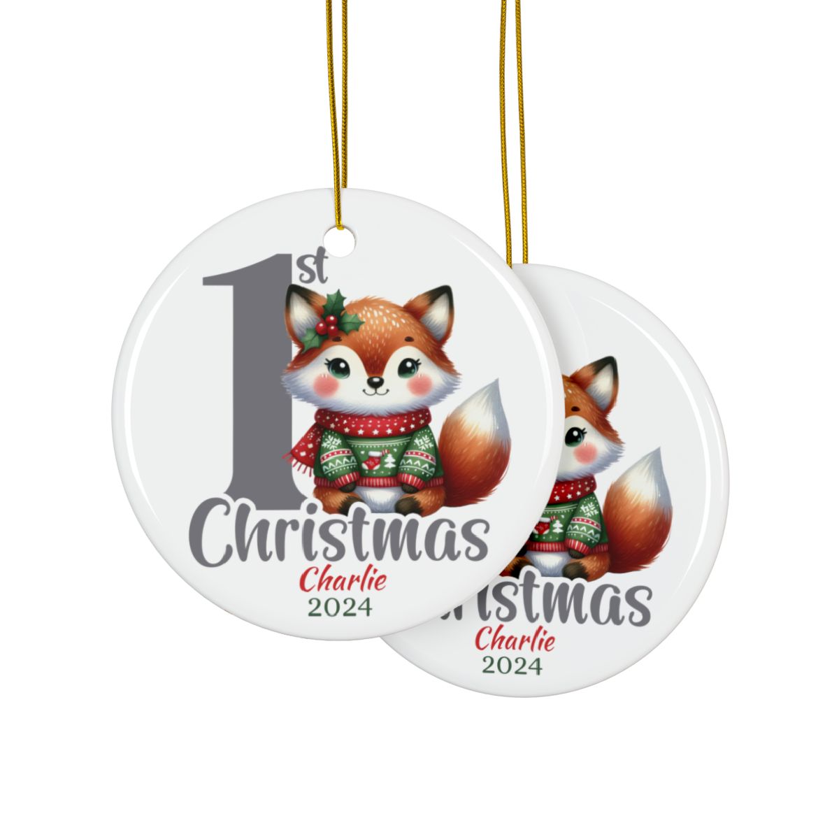 First Christmas Ornament, Personalized Baby Ornament, Holiday Fox Decor, Custom Ceramic Keepsake, New Baby Christmas Gift