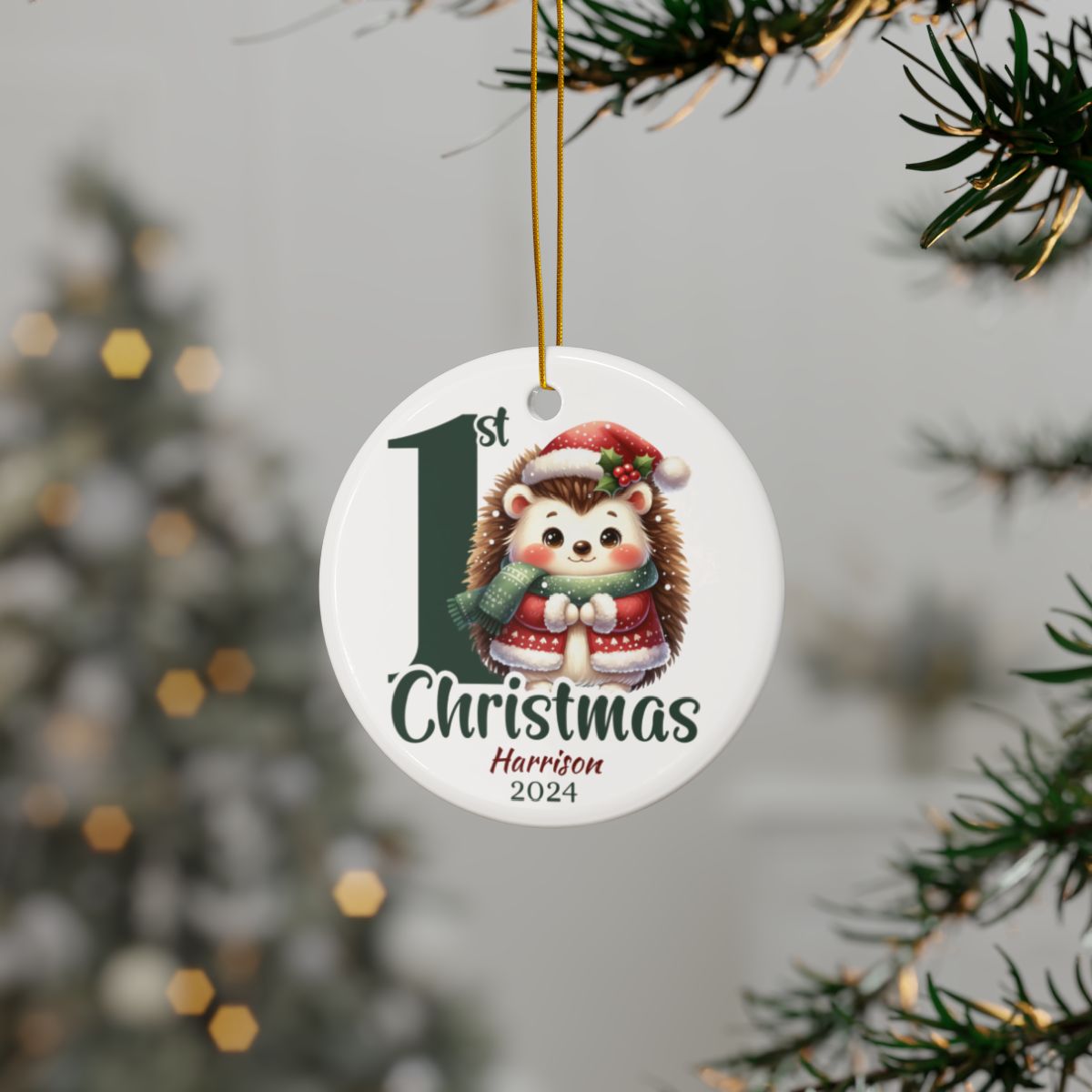 Personalized First Christmas Hedgehog Ornament, Ceramic Holiday Decoration, Baby's 1st Christmas Gift, Cute Holiday Keepsake