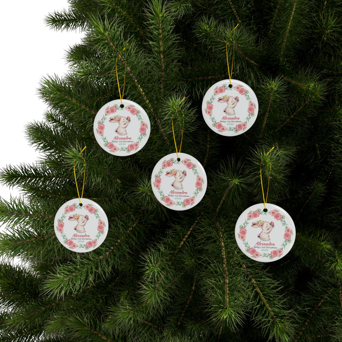 Personalized Ceramic Ornament, Rabbit Rose Wreath Ornament, Baby's First Christmas Gift, Nursery Decor Keepsake