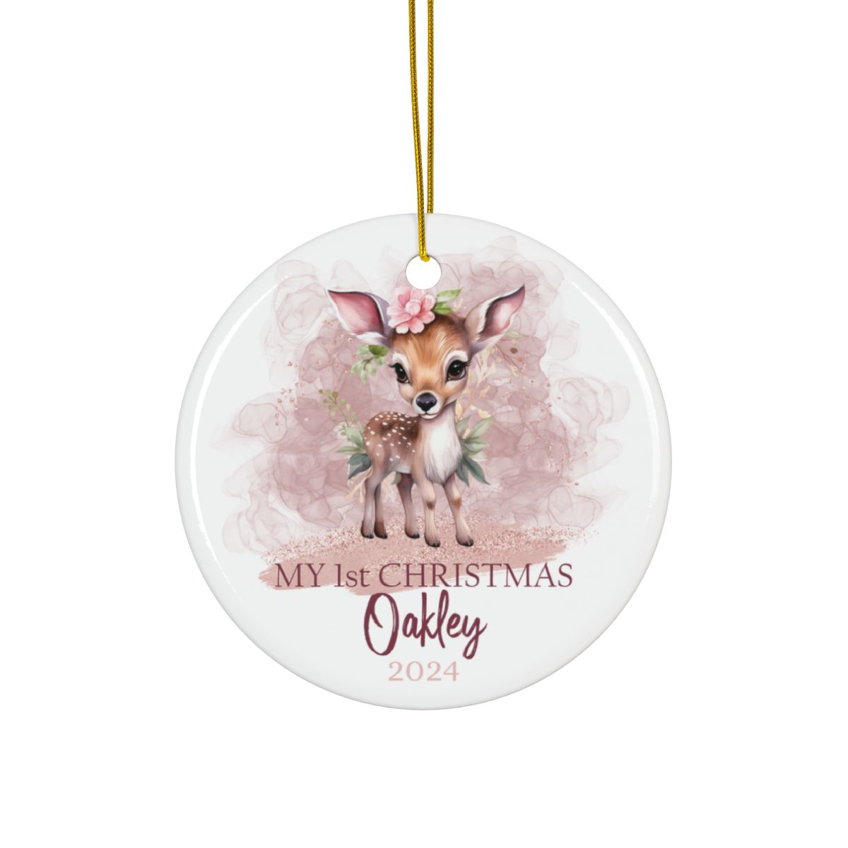 Pink Christmas Deer Personalised Ceramic Ornaments