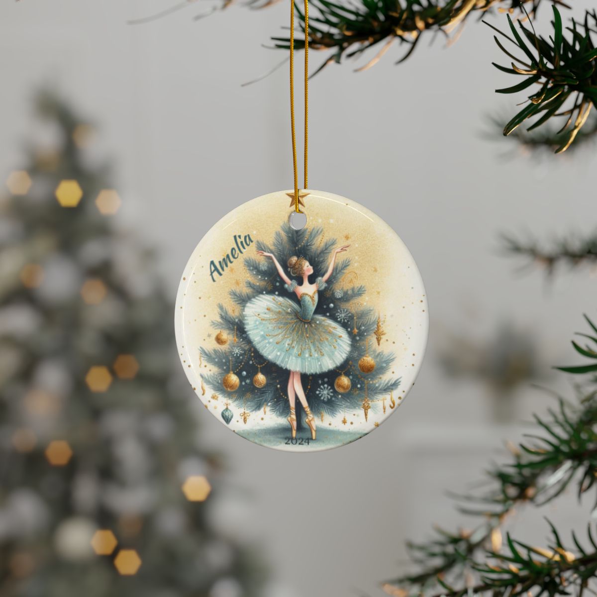 Ballerina and Christmas Tree Personalised Ceramic Ornament