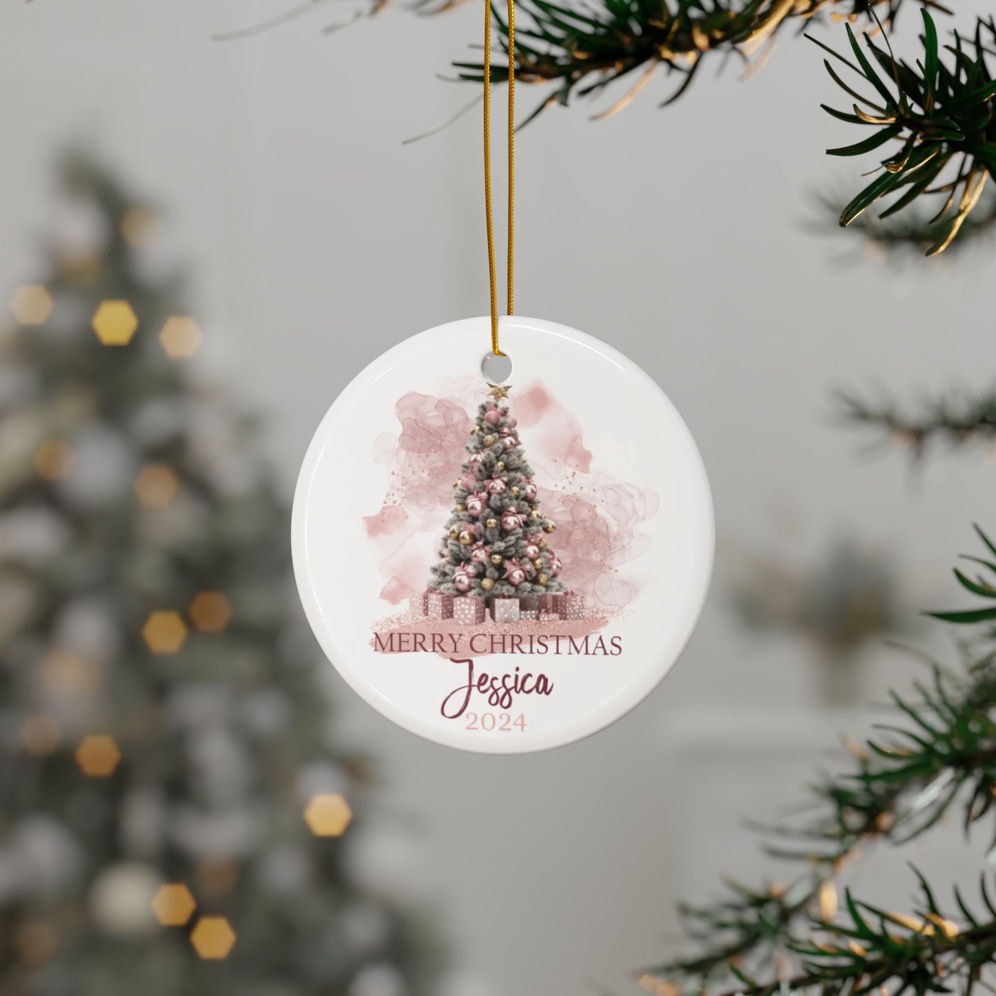 Pink Christmas Tree Personalised Ceramic Ornament Merry Christmas
